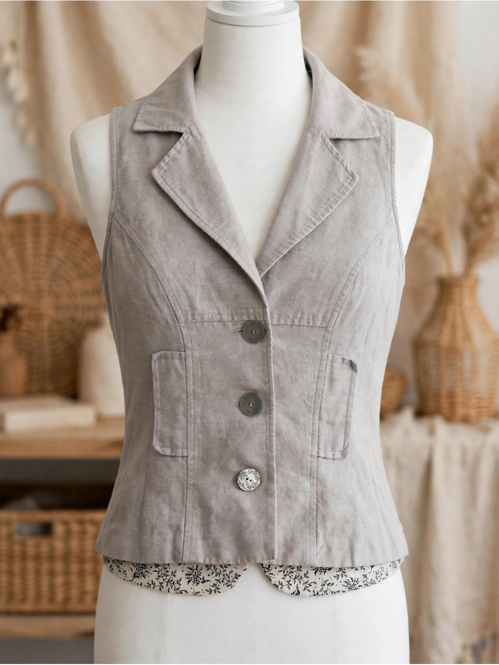 Guess Sleeveless Button Vest Jacket in Taupe